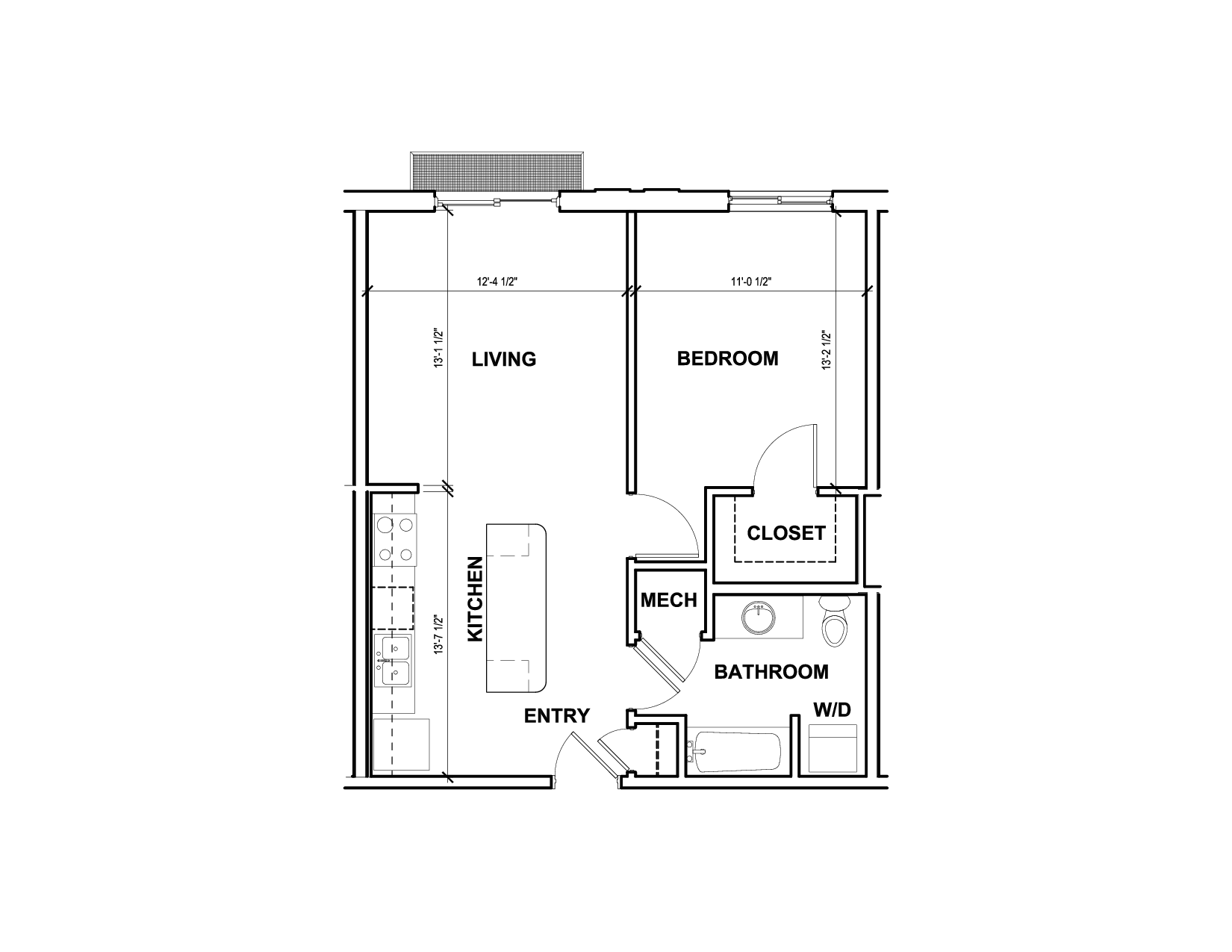 Floor plan for 1 bed, 1 bath, 692 sqft